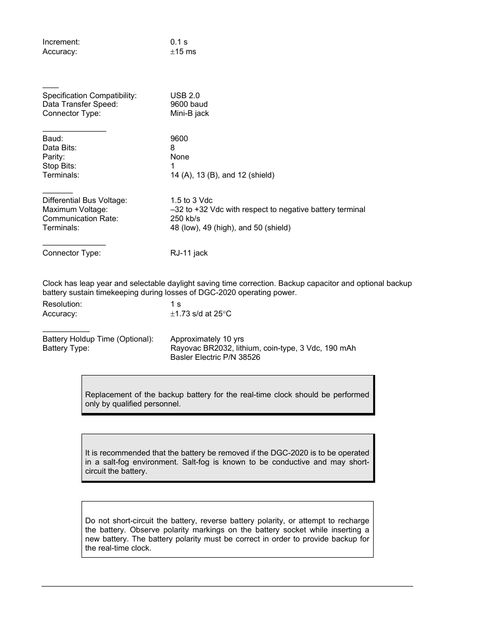 Communication interface, Rs-485 (optional), Canbus | Modem (optional), Real-time clock, Clock holdup | Winco DGC-2020 User Manual | Page 18 / 193