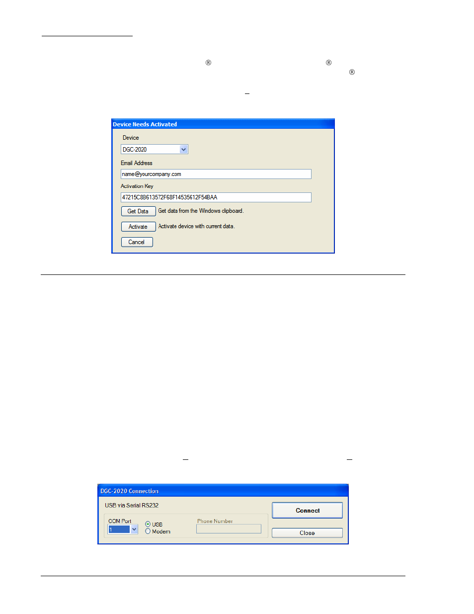 Entering an activation key, Communication, Connecting the dgc-2020 and pc | Configuring communication, Figure 4-5. device needs activated screen, Figure 4-6. dgc-2020 connection screen | Winco DGC-2020 User Manual | Page 54 / 193