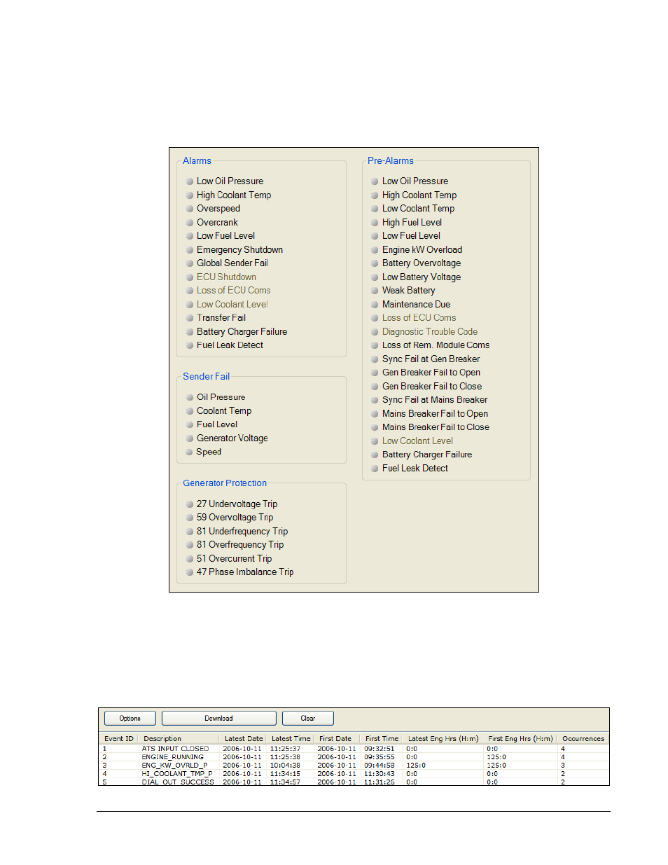 Alarms, Event log, Figure 4-44. metering, alarms | Figure 4-45. metering, event log | Winco DGC-2020 User Manual | Page 91 / 193