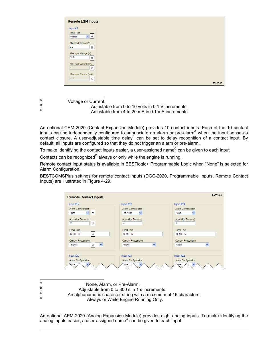 Remote contact inputs, Remote analog inputs, Remote contact inputs -31 | Remote analog inputs -31, Figure 4-28. remote lsm inputssettings -31, Figure 4-29. remote contact inputs settings -31 | Winco DGC-2020 User Manual | Page 101 / 338