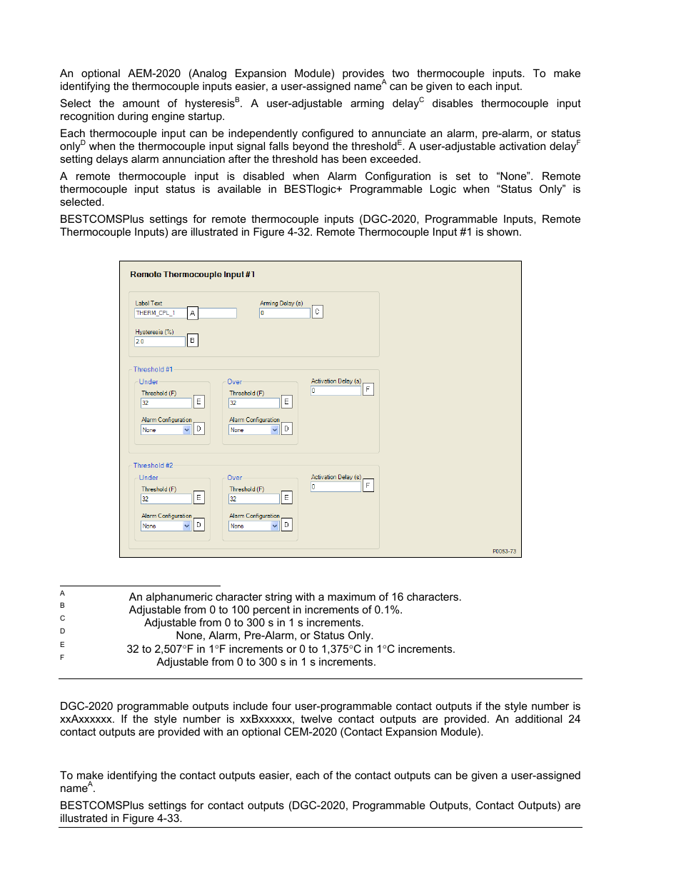Remote thermocouple inputs, Programmable outputs, Contact outputs | Remote thermocouple inputs -34, Programmable outputs -34, Contact outputs -34 | Winco DGC-2020 User Manual | Page 104 / 338