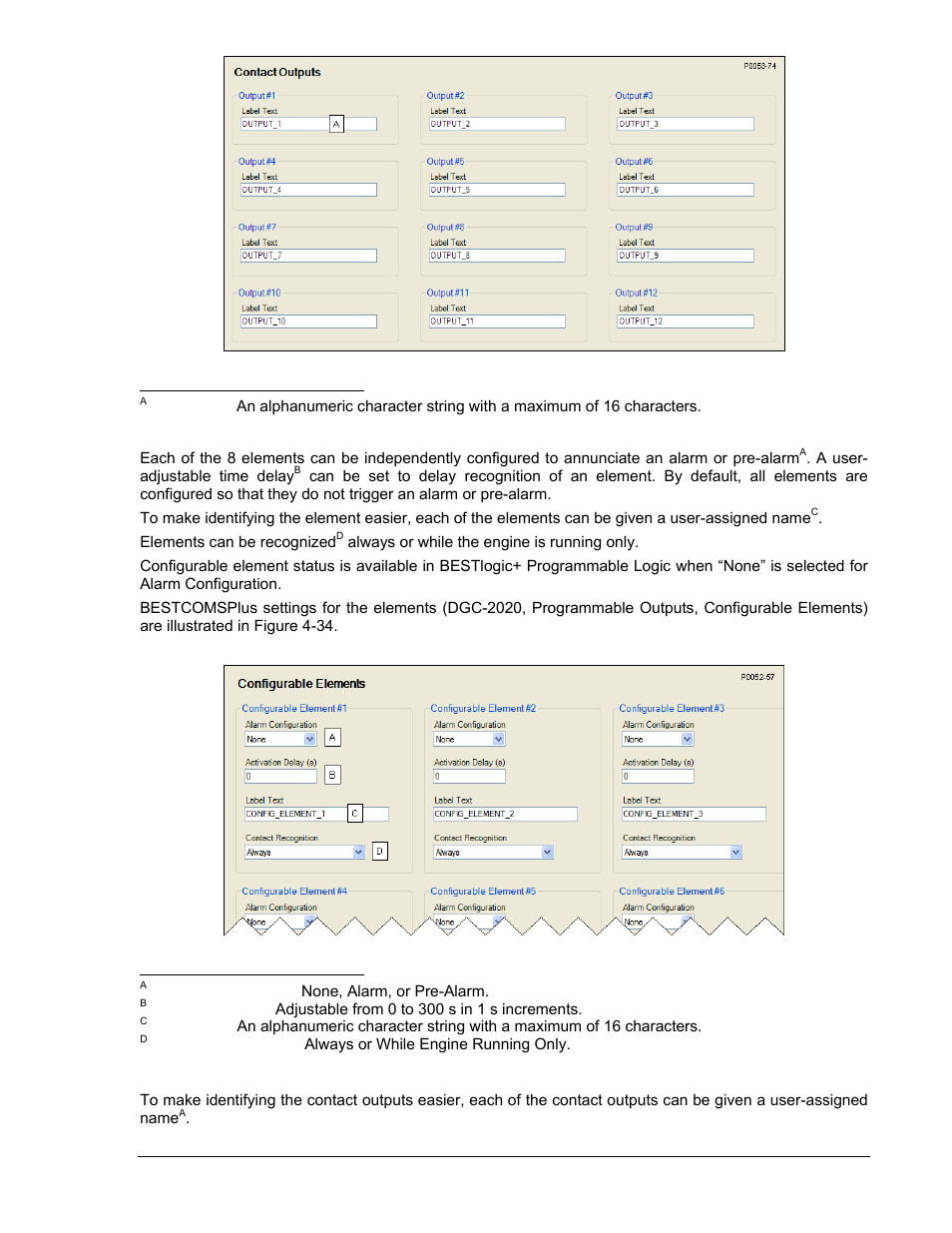 Configurable elements, Remote contact outputs, Configurable elements -35 | Remote contact outputs -35, Figure 4-33. contact outputs settings -35, Figure 4-34. configurable elements settings -35 | Winco DGC-2020 User Manual | Page 105 / 338