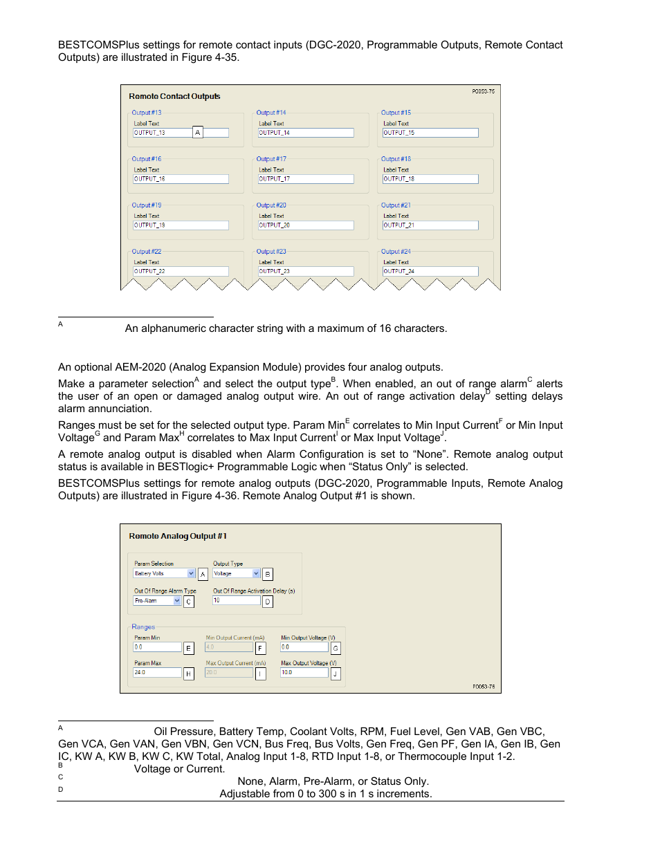 Remote analog outputs, Remote analog outputs -36, Figure 4-35. remote contact outputs settings -36 | Figure 4-36. remote analog outputs settings -36 | Winco DGC-2020 User Manual | Page 106 / 338