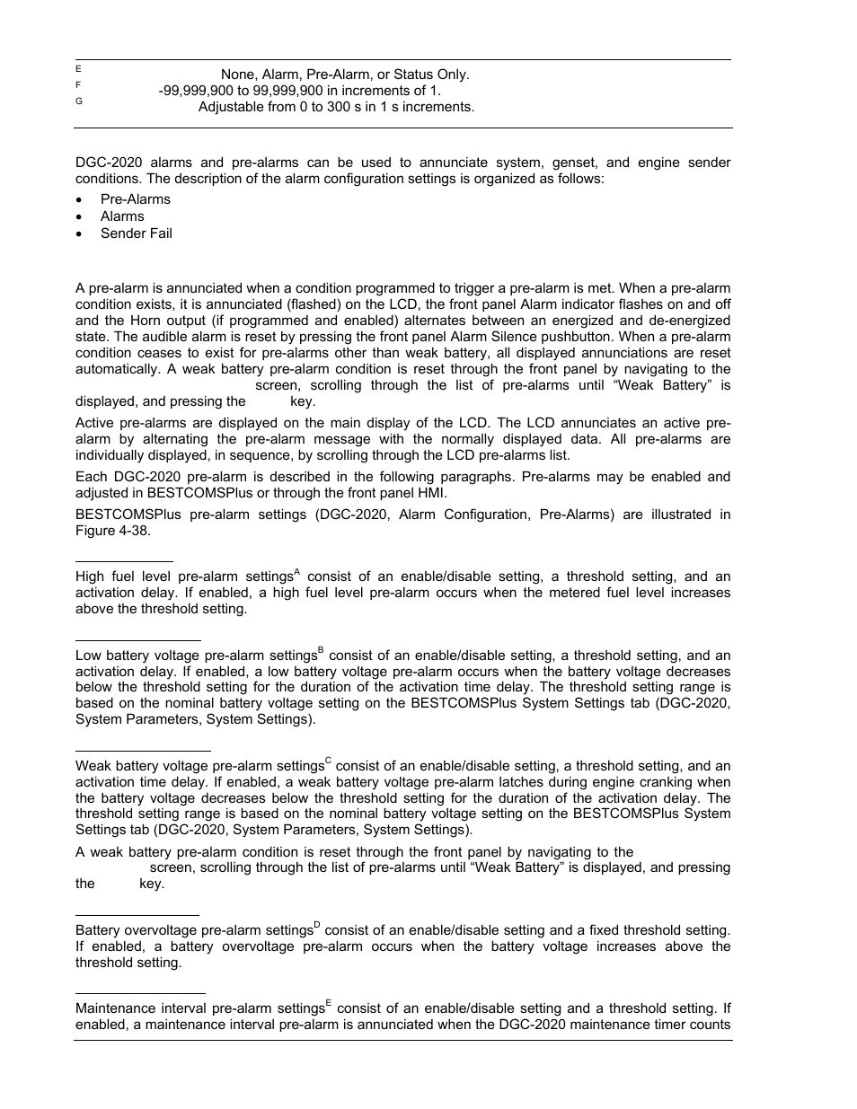 Alarm configuration, Pre-alarms, High fuel level | Low battery voltage, Weak battery voltage, Battery overvoltage, Maintenance interval, Alarm configuration -38, Pre-alarms -38 | Winco DGC-2020 User Manual | Page 108 / 338