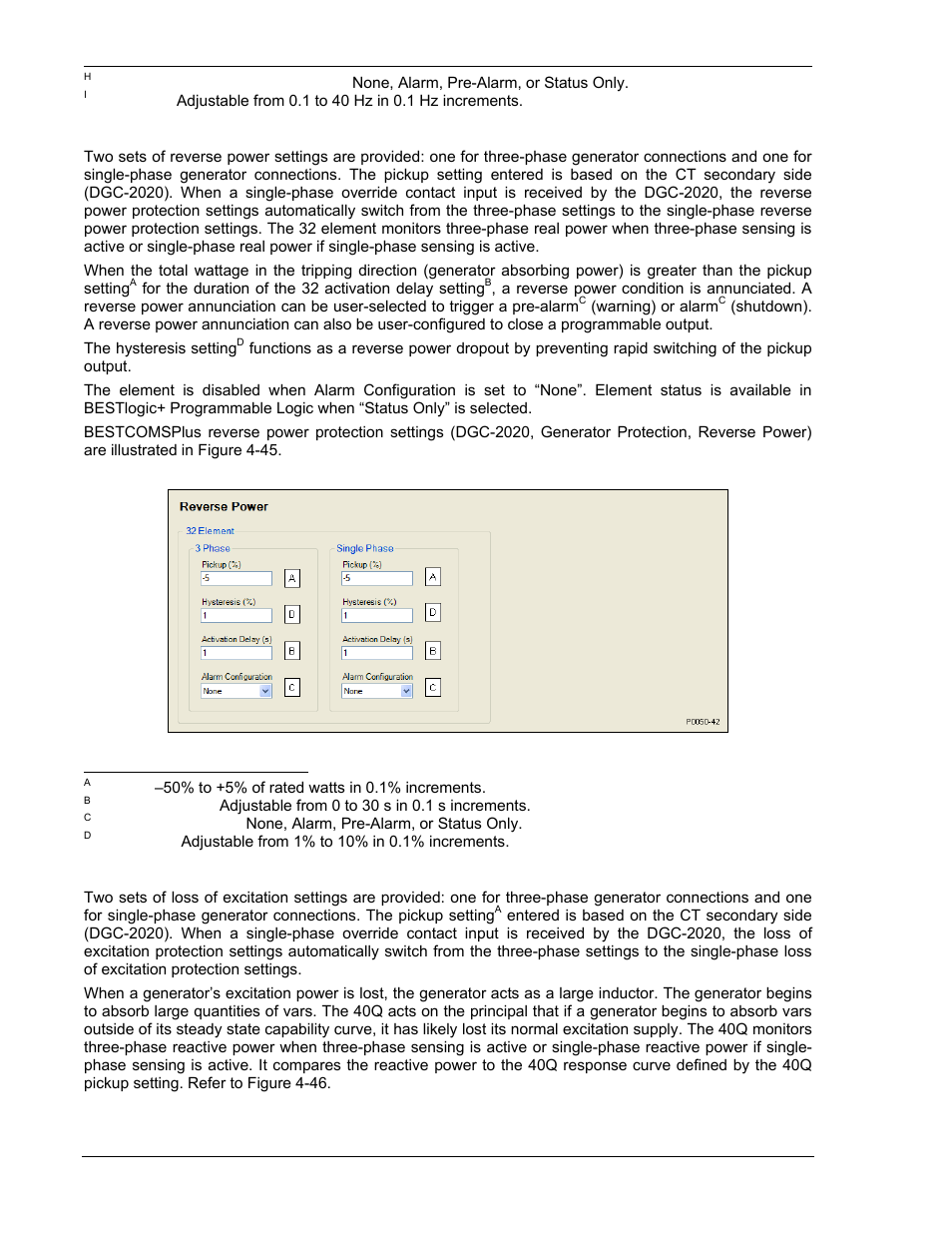 Reverse power protection (32), Loss of excitation protection (40q), Reverse power protection (32) -48 | Loss of excitation protection (40q) -48, Figure 4-45. reverse power protection settings -48 | Winco DGC-2020 User Manual | Page 118 / 338