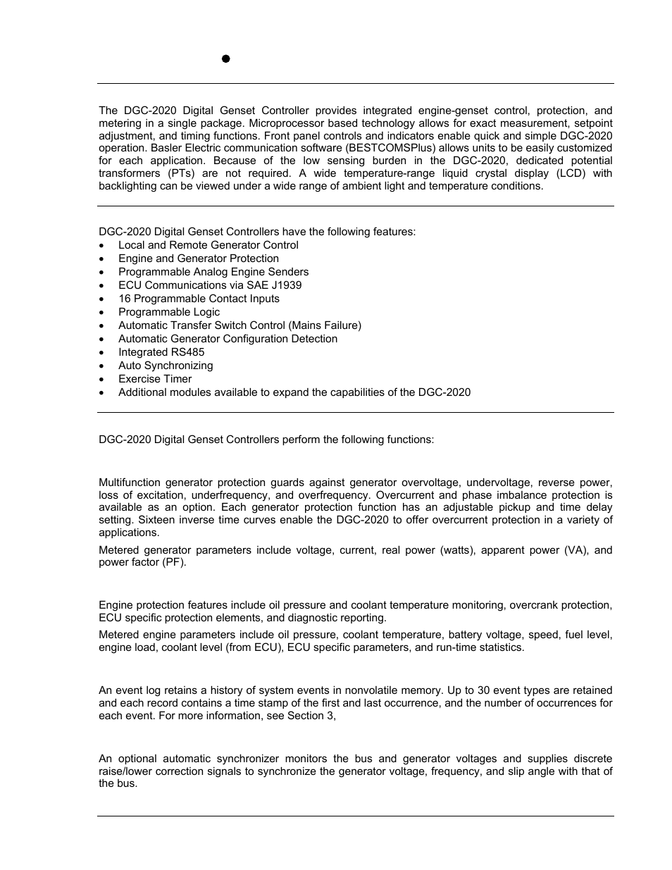 Description, Features, Functions | Generator protection and metering, Engine protection and metering, Event recording, Auto-synchronizer, Section 1, General information -1, Description -1 | Winco DGC-2020 User Manual | Page 13 / 338