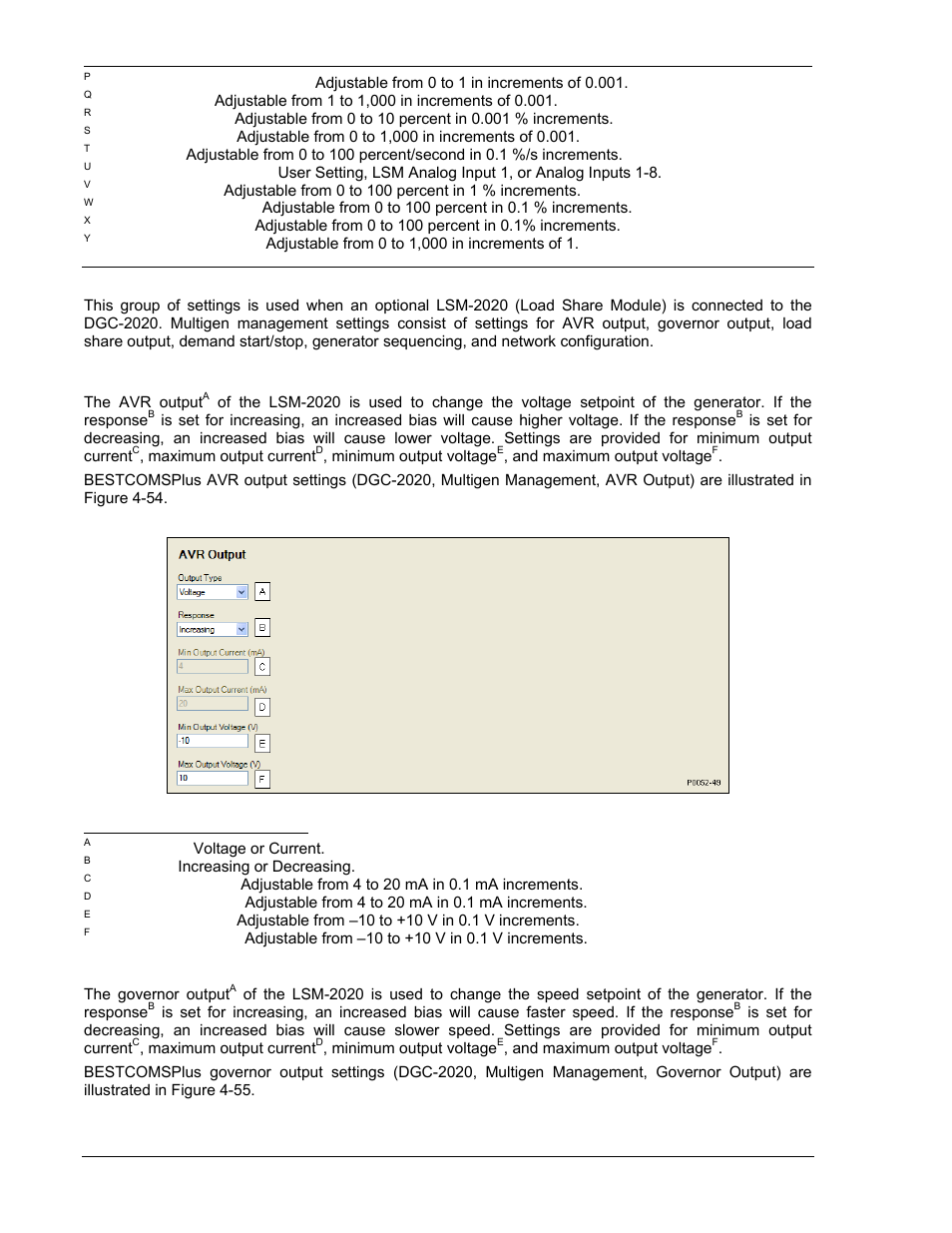 Multigen management, Avr output, Governor output | Multigen management -60, Avr output -60, Governor output -60, Figure 4-54. avr output settings -60 | Winco DGC-2020 User Manual | Page 130 / 338