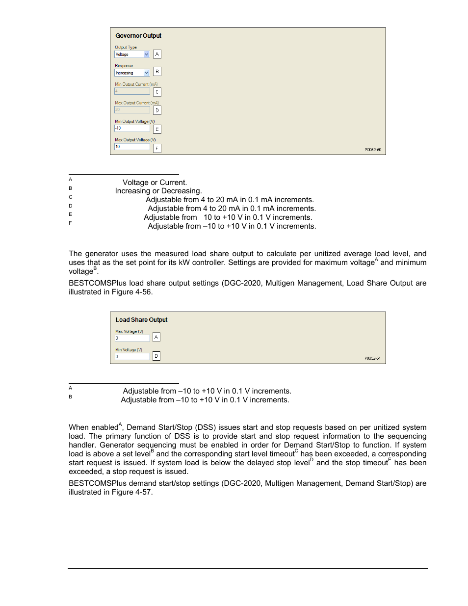 Load share output, Demand start/stop, Load share output -61 | Demand start/stop -61, Figure 4-55. governor output settings -61, Figure 4-56. load share output -61 | Winco DGC-2020 User Manual | Page 131 / 338