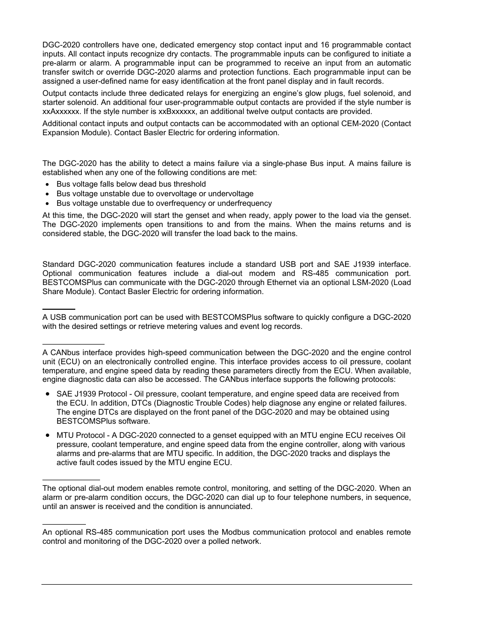 Contact inputs and output contacts, Automatic transfer switch control (mains failure), Communication | Usb port, Canbus interface, Dial-out modem, Rs-485 port, Contact inputs and output contacts -2, Communication -2, Usb port -2 | Winco DGC-2020 User Manual | Page 14 / 338