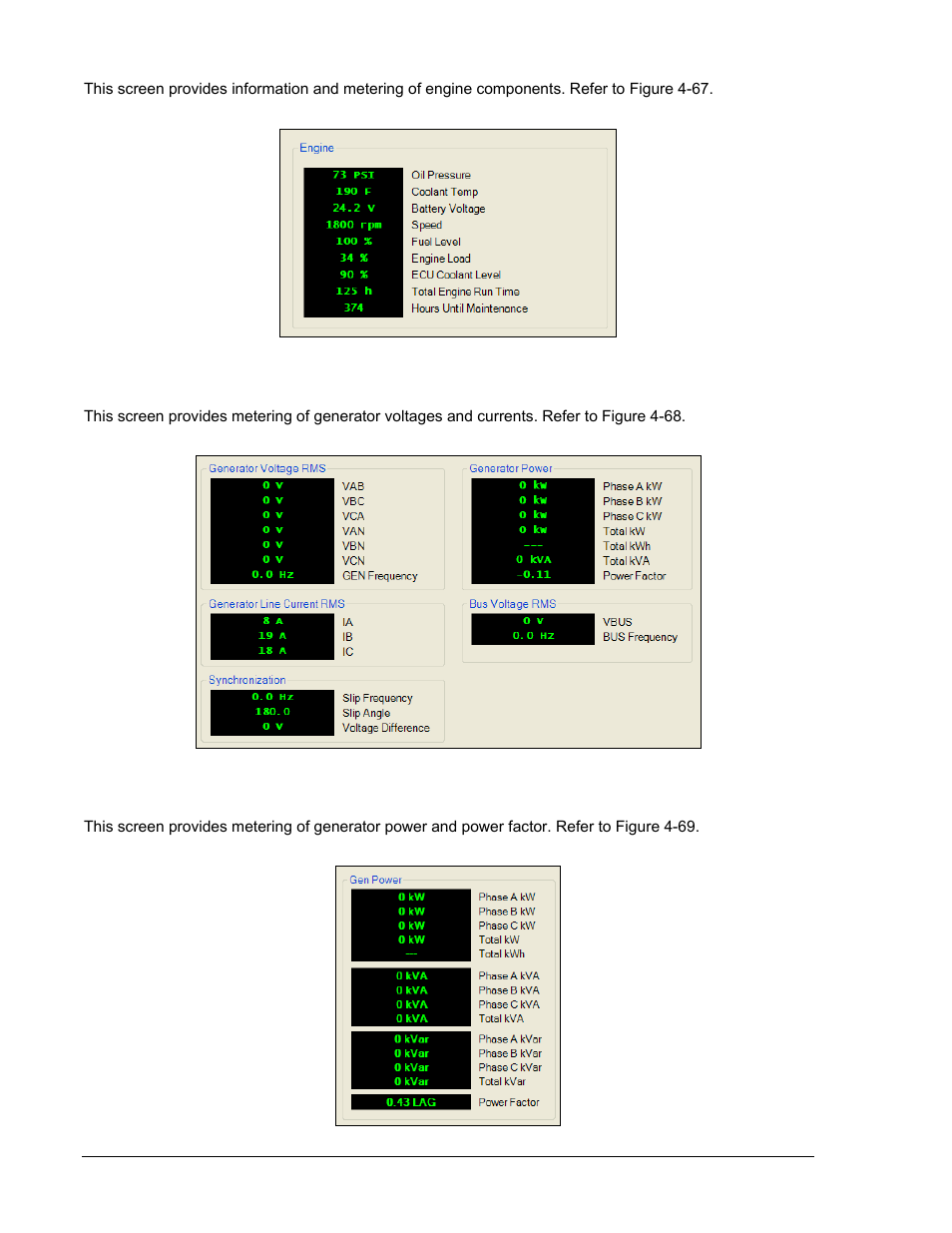 Engine, Generator, Power | Engine -74, Generator -74, Power -74, Figure 4-67. metering, engine -74, Figure 4-68. metering, generator -74, Figure 4-69. metering, power -74 | Winco DGC-2020 User Manual | Page 144 / 338