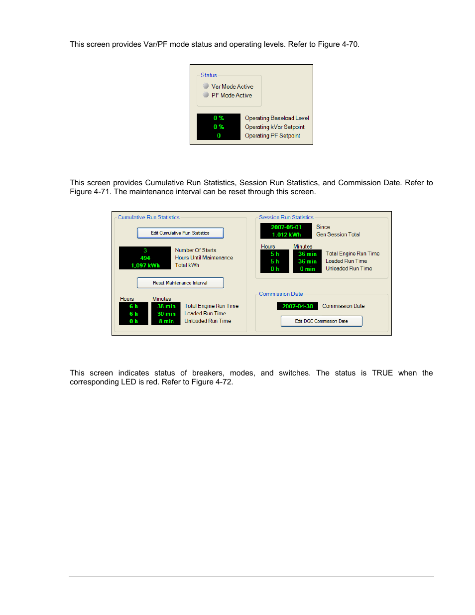 Bias control, Run statistics, Status | Bias control -75, Run statistics -75, Status -75, Figure 4-70. metering, bias control -75, Figure 4-71. metering, run statistics -75 | Winco DGC-2020 User Manual | Page 145 / 338