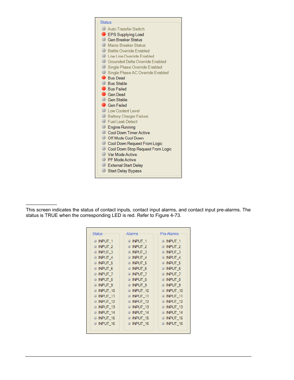 Inputs, Contact inputs, Inputs -76 | Figure 4-72. metering, status -76, Figure 4-73. metering, inputs, contact inputs -76 | Winco DGC-2020 User Manual | Page 146 / 338