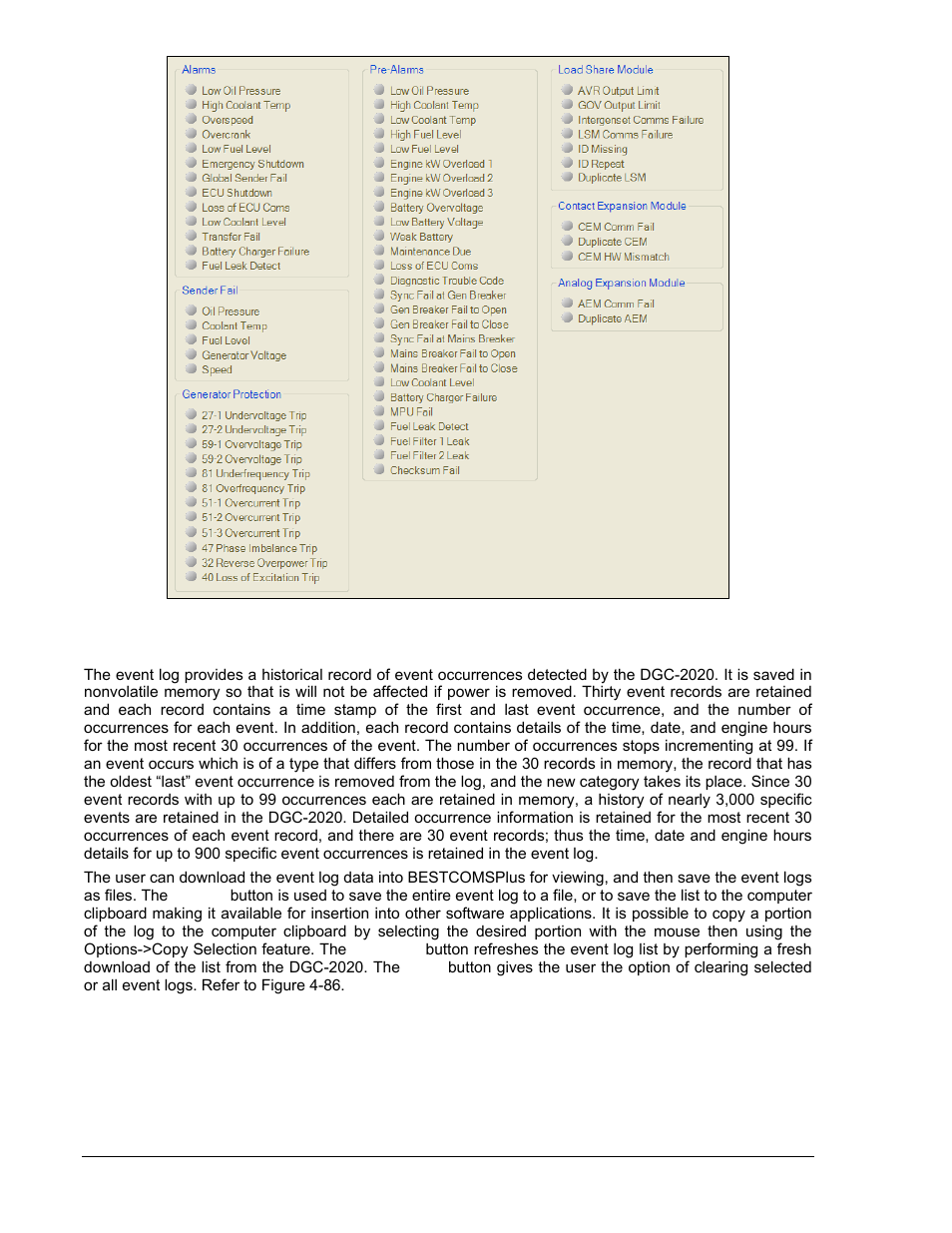 Event log, Event log -82, Figure 4-85. metering, alarms -82 | Winco DGC-2020 User Manual | Page 152 / 338