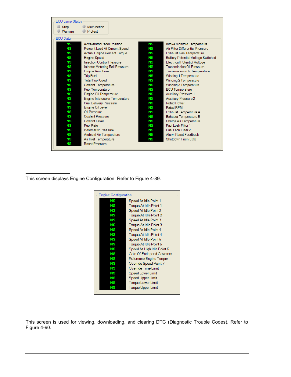 Engine configuration, Active dtc and previously active dtc, Figure 4-88. metering, ecu data -84 | Figure 4-89. metering, engine configuration -84, Figure 4-88 | Winco DGC-2020 User Manual | Page 154 / 338