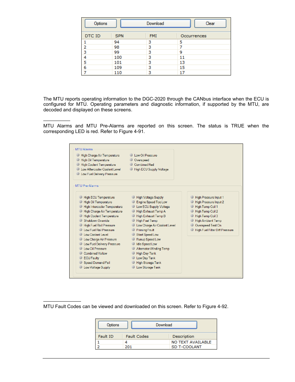 Mtu alarms, Mtu fault codes, Mtu -85 | Figure 4-90. metering, download dtc -85, Figure 4-91. metering, mtu alarms -85, Figure 4-92. metering, mtu fault codes -85 | Winco DGC-2020 User Manual | Page 155 / 338