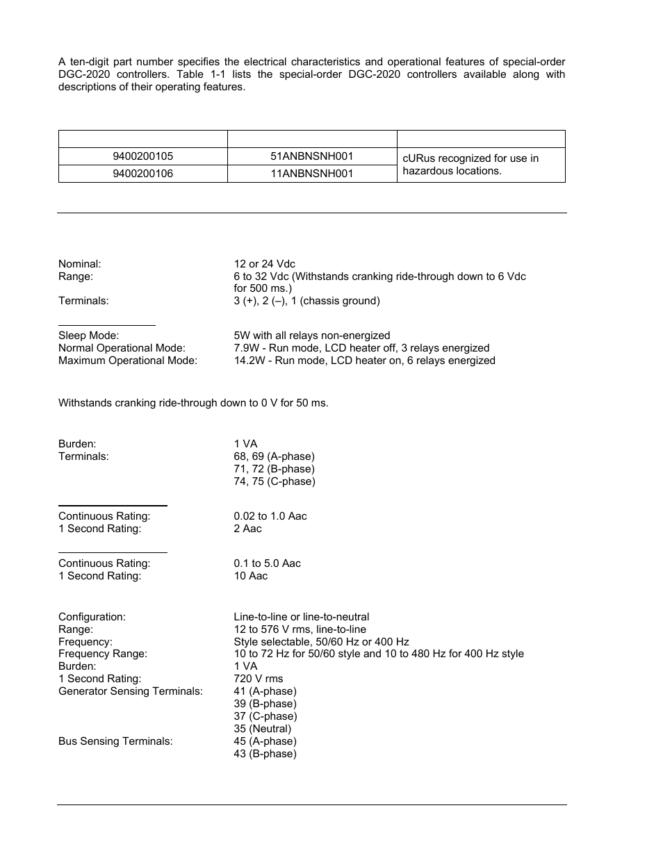 Part numbers, Specifications, Operating power | Power consumption, Battery ride through, Current sensing, 1 aac current sensing, 5 aac current sensing, Voltage sensing, Part numbers -4 | Winco DGC-2020 User Manual | Page 16 / 338
