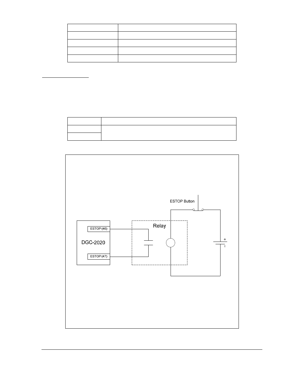 Emergency stop input, Emergency stop input -5, Figure 6-3. interposing relay diagram -5 | Table 6-5. sender input terminals -5, Table 6-6. emergency stop input terminals -5 | Winco DGC-2020 User Manual | Page 191 / 338