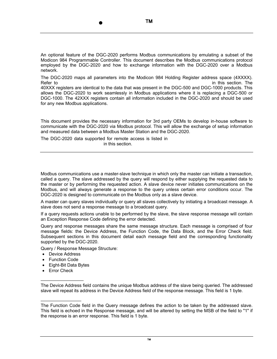 Introduction, General overview, Intended use of the communications protocol | Detailed description of dgc-2020 modbus protocol, Modbus protocol overview, Device address field, Function code field, Appendix b, Appendix b  modbus  communication | Winco DGC-2020 User Manual | Page 277 / 338