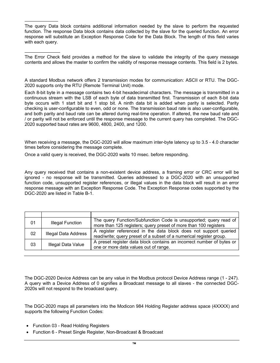 Data block field, Error check field, Serial transmission details | Message framing / timing considerations, Error handling and exception responses, Detailed dgc-2020 message definition, Device address, Function code and data block | Winco DGC-2020 User Manual | Page 278 / 338