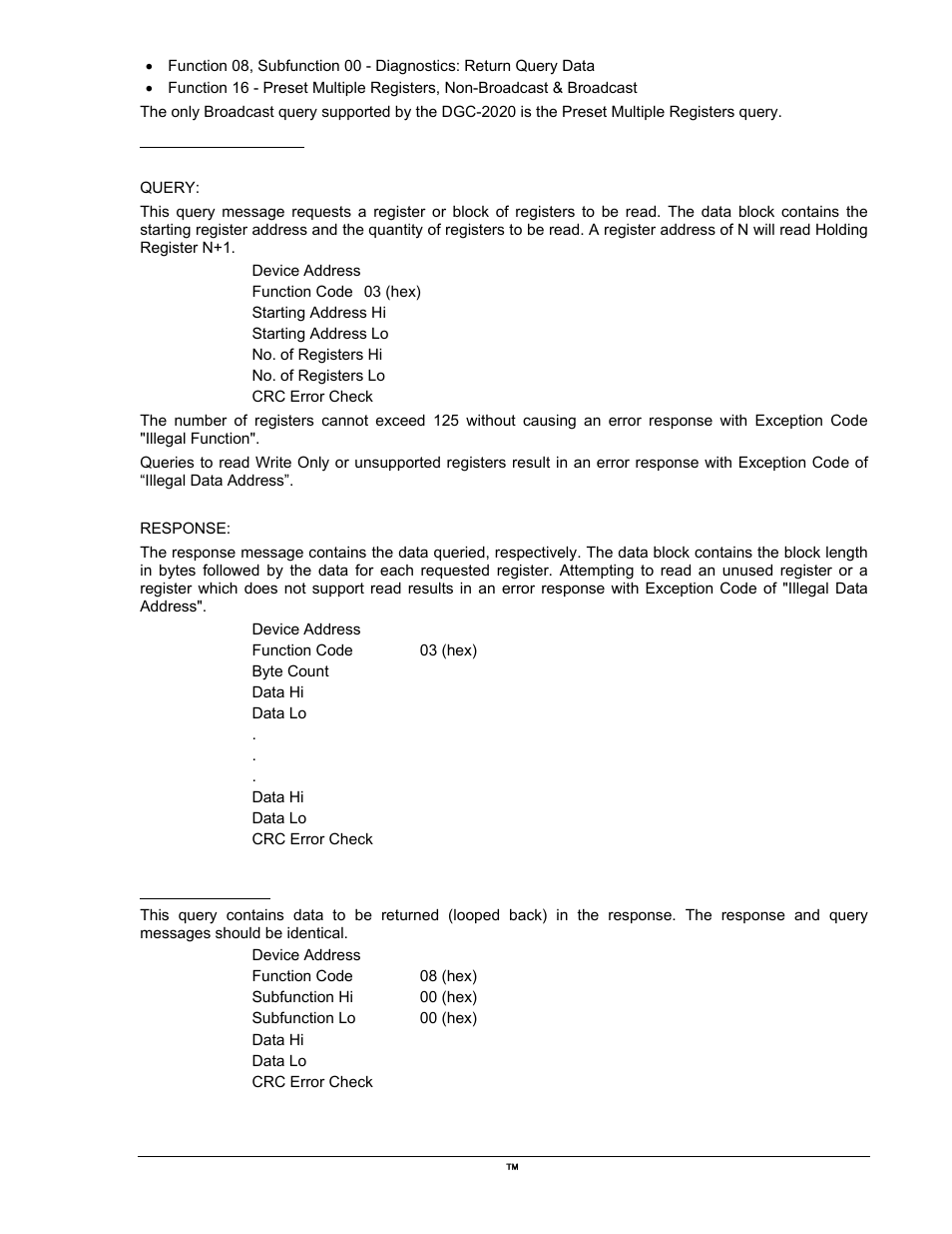 Read holding registers, Return query data | Winco DGC-2020 User Manual | Page 279 / 338