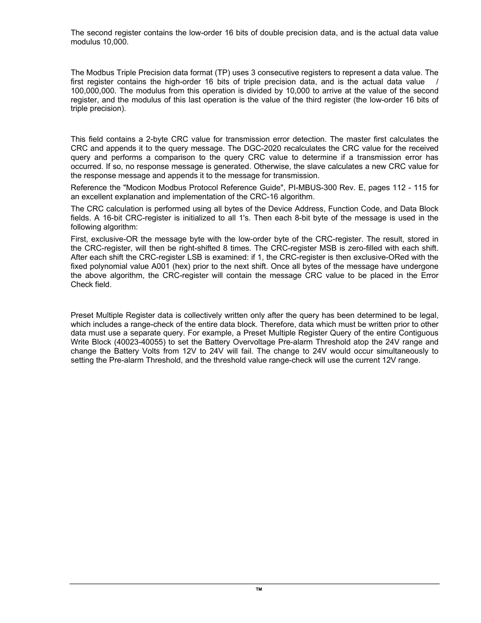 Triple precision data format (tp), Error check, Interdependence of preset multiple register data | Winco DGC-2020 User Manual | Page 283 / 338