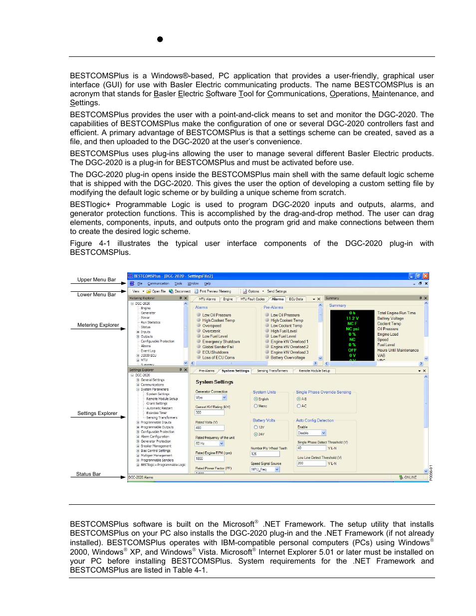 Introduction, Installation, Ttsection 4 | Bestcomsplus software -1, Introduction -1, Installation -1, Uufigure 4-1. typical user interface components -1 | Winco DGC-2020 User Manual | Page 71 / 338