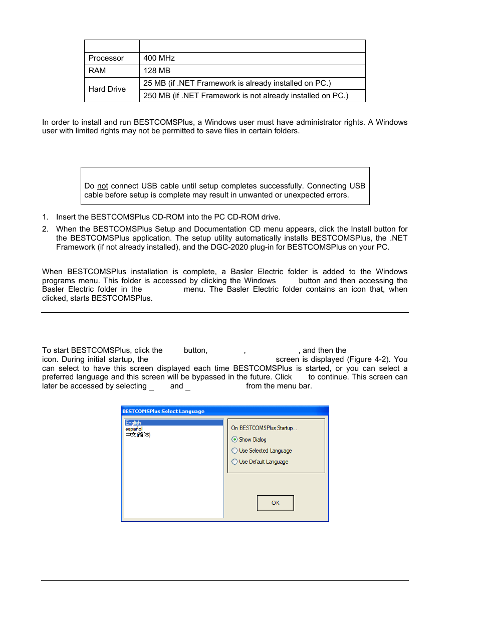 Installing bestcomsplus, Startup and activation, Starting bestcomsplus | Installing bestcomsplus -2, Startup and activation -2, Starting bestcomsplus -2, Figure 4-2. bestcomsplus select language -2 | Winco DGC-2020 User Manual | Page 72 / 338