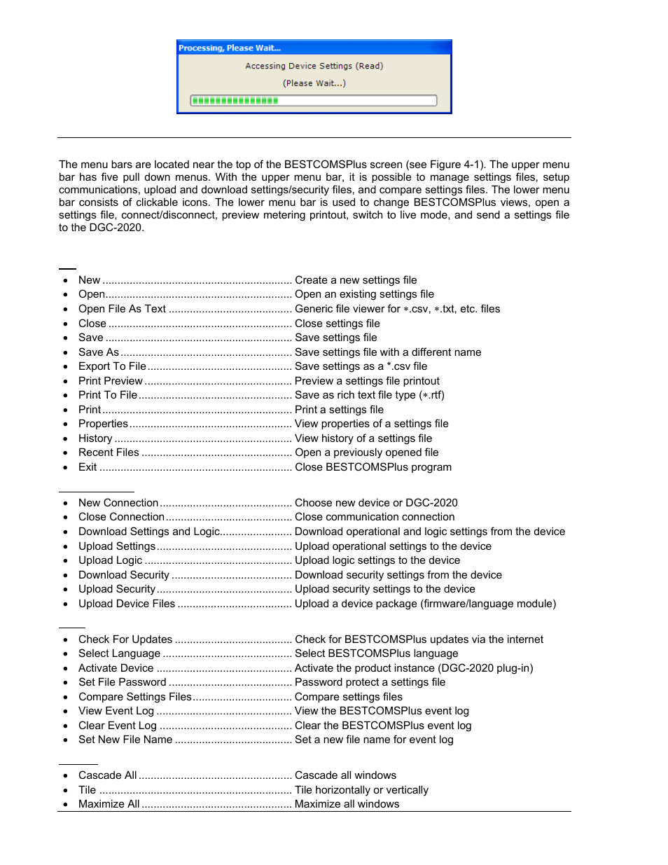 Menu bars, Upper menu bar (bestcomsplus shell), File | Communication, Tools, Window, Menu bars -8, Upper menu bar (bestcomsplus shell) -8, Figure 4-10. processing, please wait… -8, Figure 4-10 | Winco DGC-2020 User Manual | Page 78 / 338