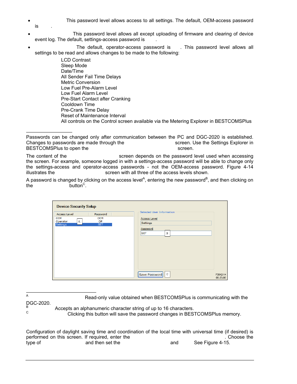 Changing passwords, Clock setup, Clock setup -14 | Figure 4-14. device security setup -14 | Winco DGC-2020 User Manual | Page 84 / 338