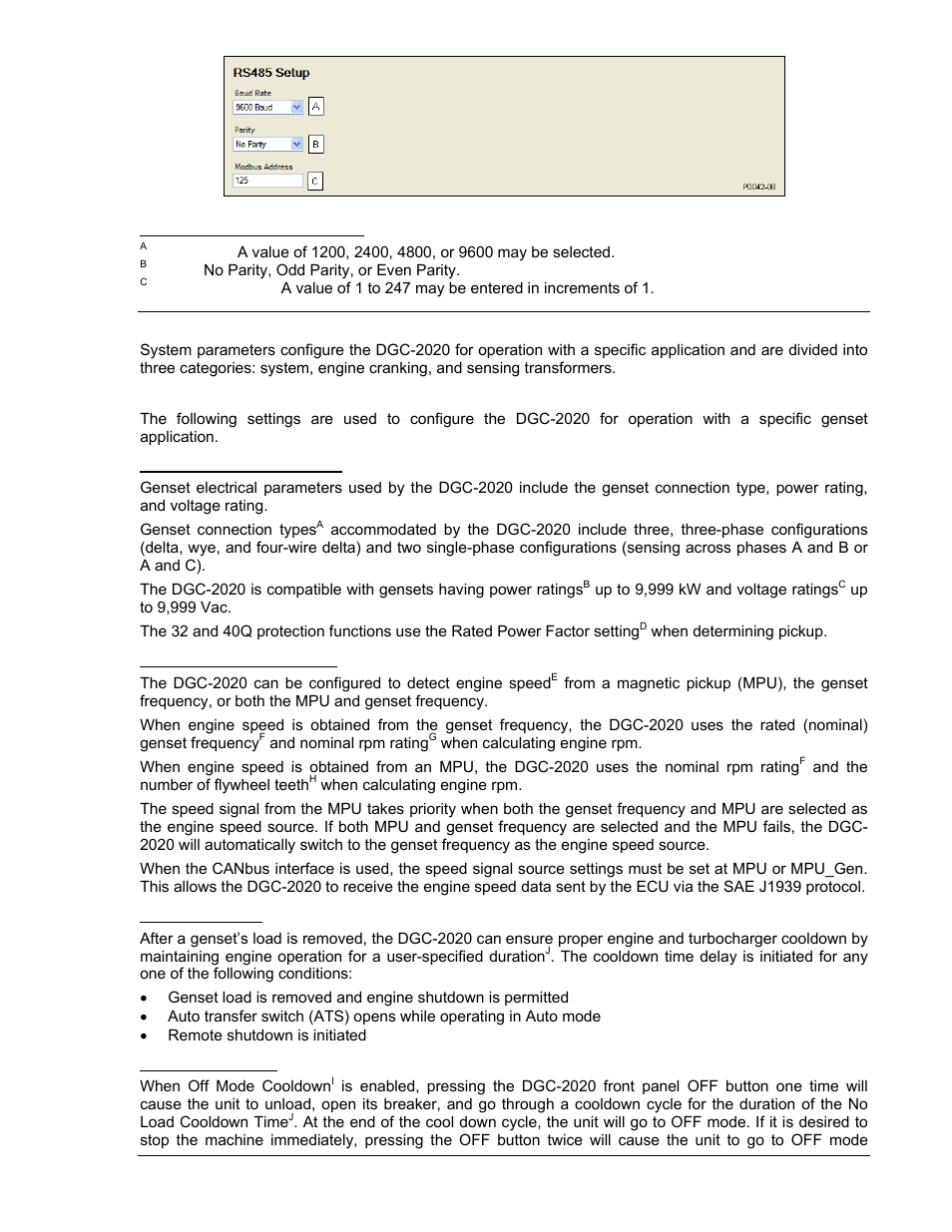 System parameters, System settings, Genset electrical parameters | Engine speed measurement, Engine cooldown, Off mode cooldown, System parameters -21, System settings -21, Figure 4-19. rs-485 setup -21 | Winco DGC-2020 User Manual | Page 91 / 338