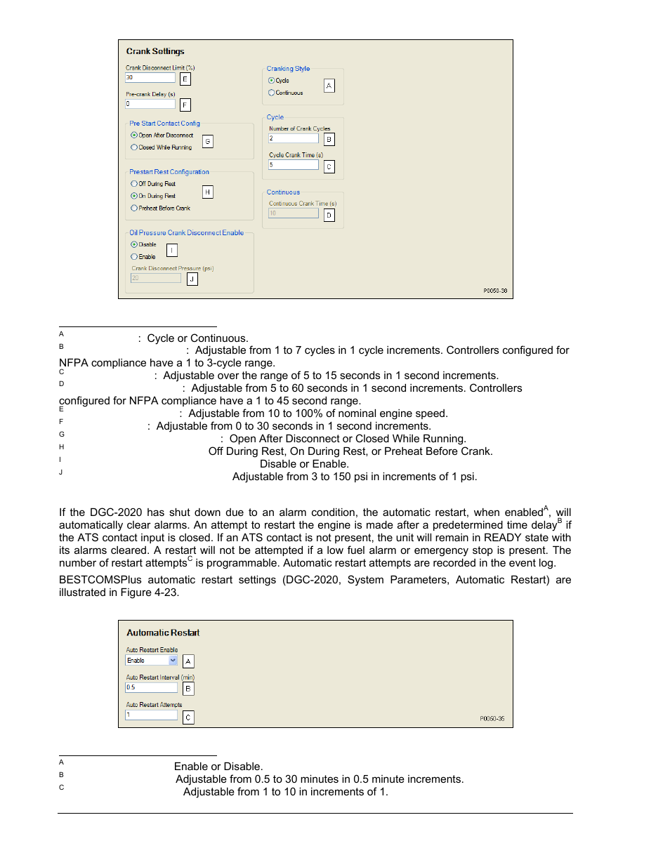 Automatic restart, Automatic restart -26, Figure 4-22. engine crank settings -26 | Figure 4-23. automatic restart settings -26 | Winco DGC-2020 User Manual | Page 96 / 338