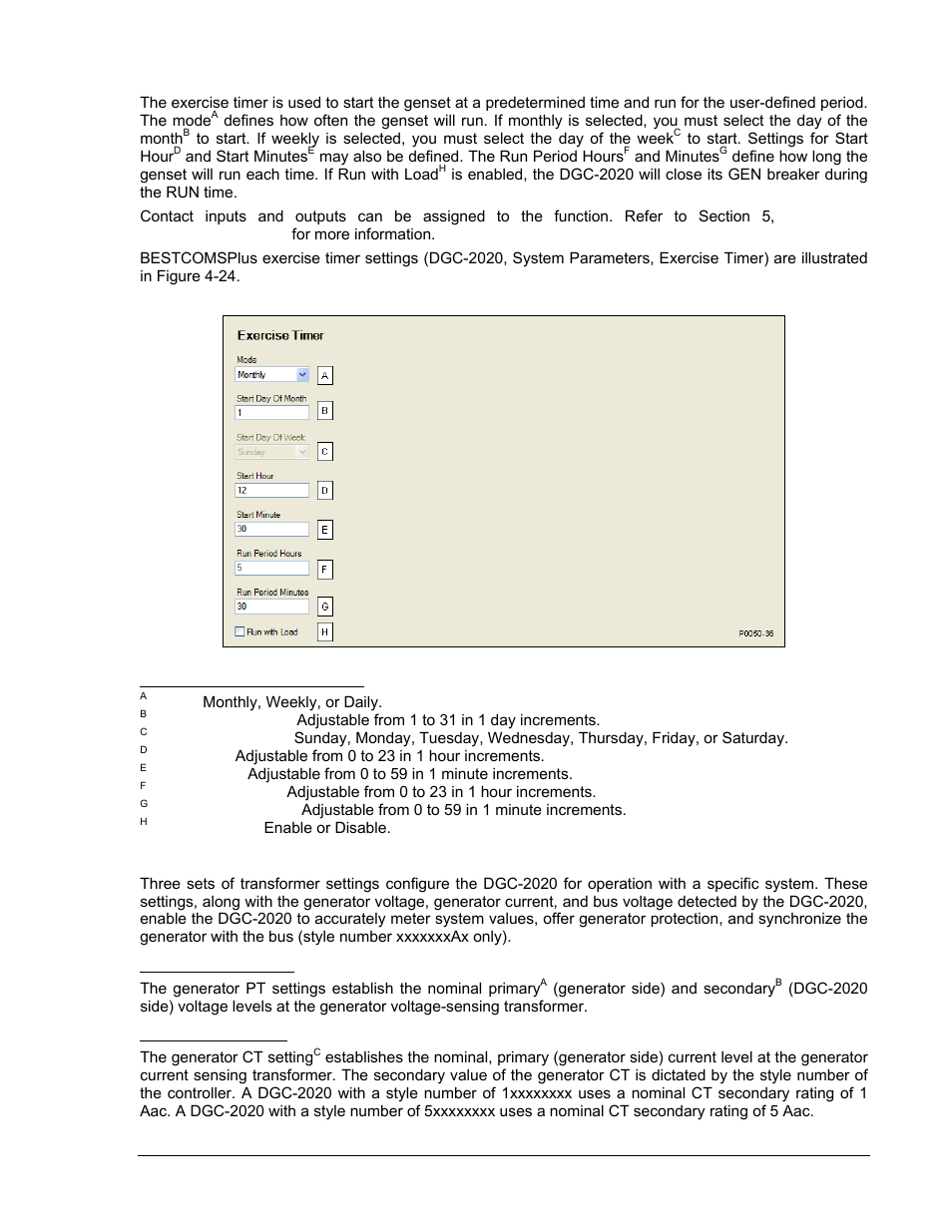 Exercise timer, Sensing transformers, Generator pt settings | Generator ct setting, Exercise timer -27, Sensing transformers -27, Figure 4-24. exercise timer settings -27 | Winco DGC-2020 User Manual | Page 97 / 338