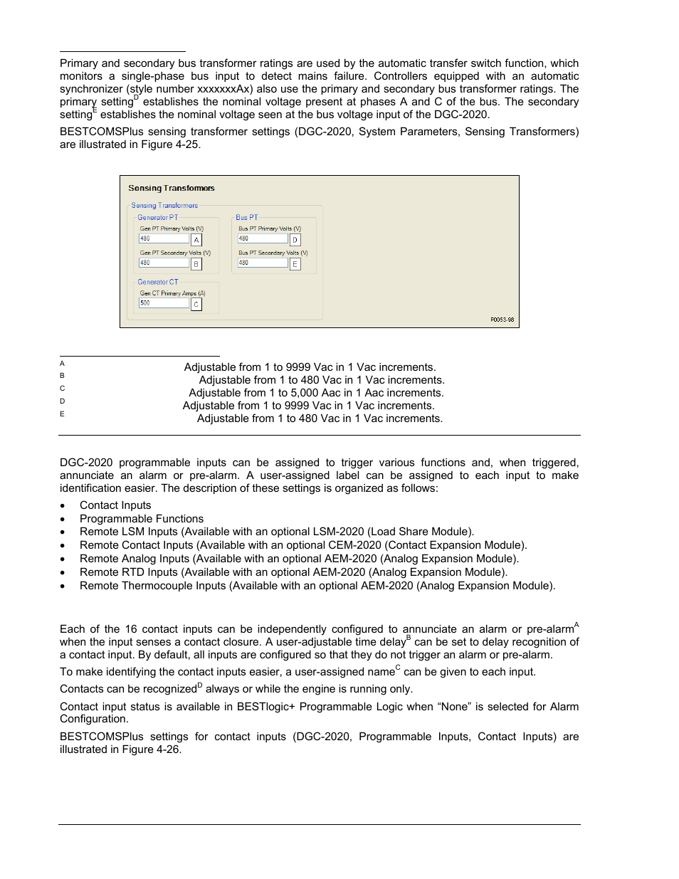 Bus transformer settings, Programmable inputs, Contact inputs | Programmable inputs -28, Contact inputs -28, Figure 4-25. sensing transformers parameters -28 | Winco DGC-2020 User Manual | Page 98 / 338