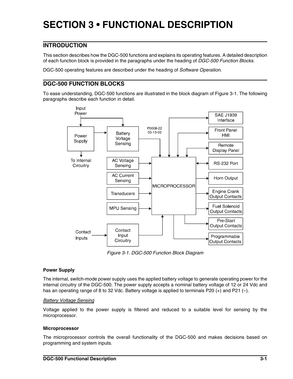 Section 3 • functional description -1, Introduction -1 dgc-500 function blocks -1, Power supply -1 | Winco DGC-500 User Manual | Page 21 / 98