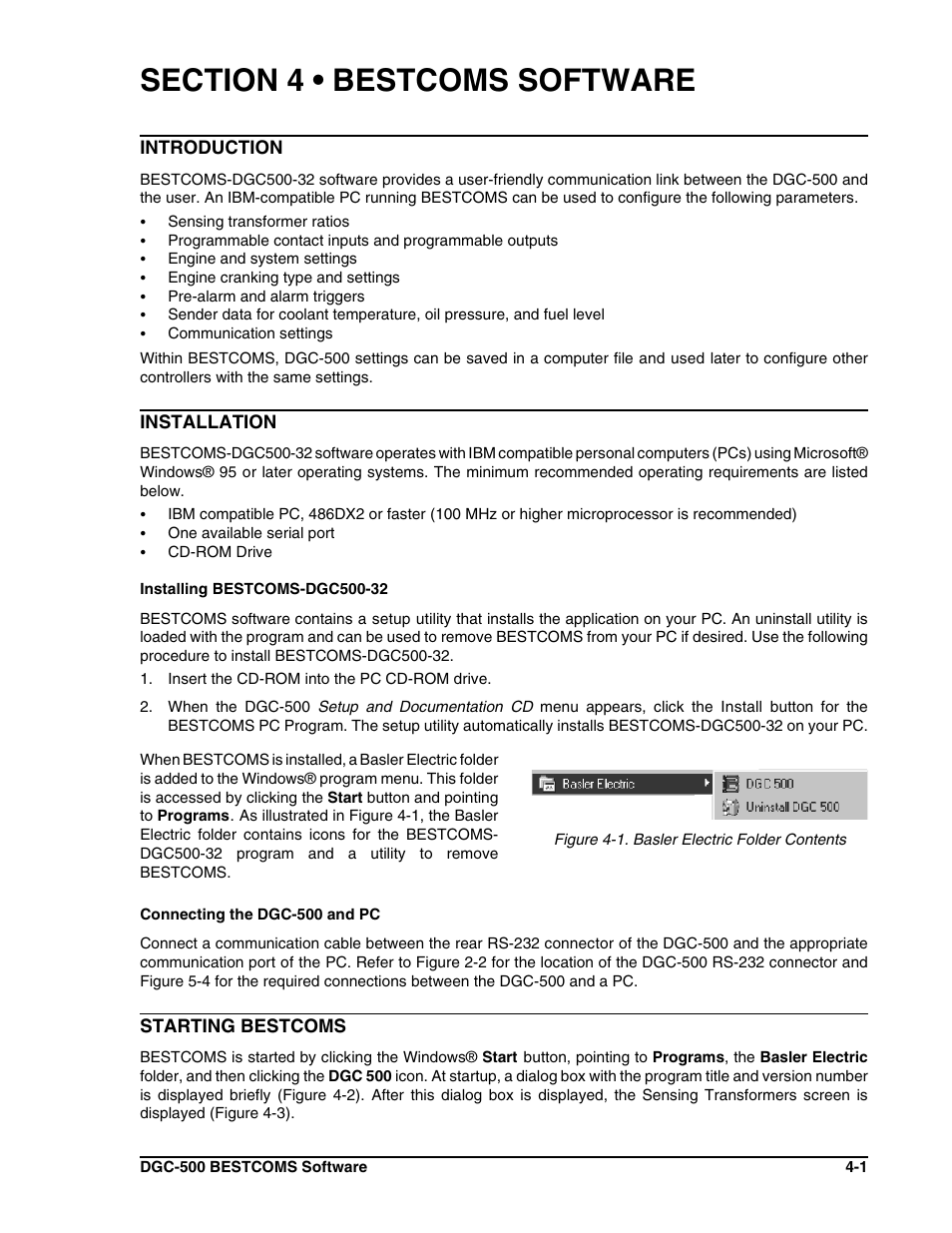 Section 4 • bestcoms software -1, Introduction -1 installation -1, Starting bestcoms -1 | Winco DGC-500 User Manual | Page 55 / 98