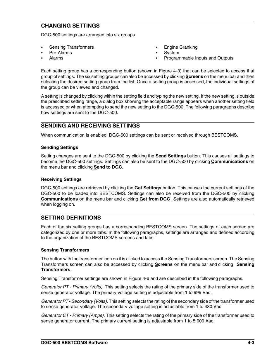 Sending settings -3 receiving settings -3, Setting definitions -3 | Winco DGC-500 User Manual | Page 57 / 98