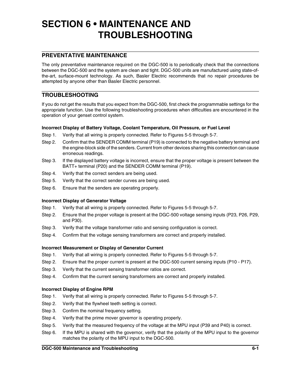 Section 6 - maintenance and troubleshooting, Section 6 • maintenance and troubleshooting -1 | Winco DGC-500 User Manual | Page 90 / 98