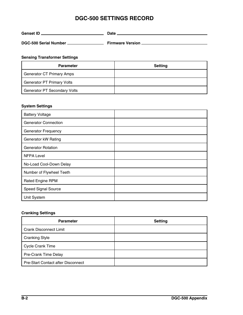 Dgc-500 settings record | Winco DGC-500 User Manual | Page 96 / 98