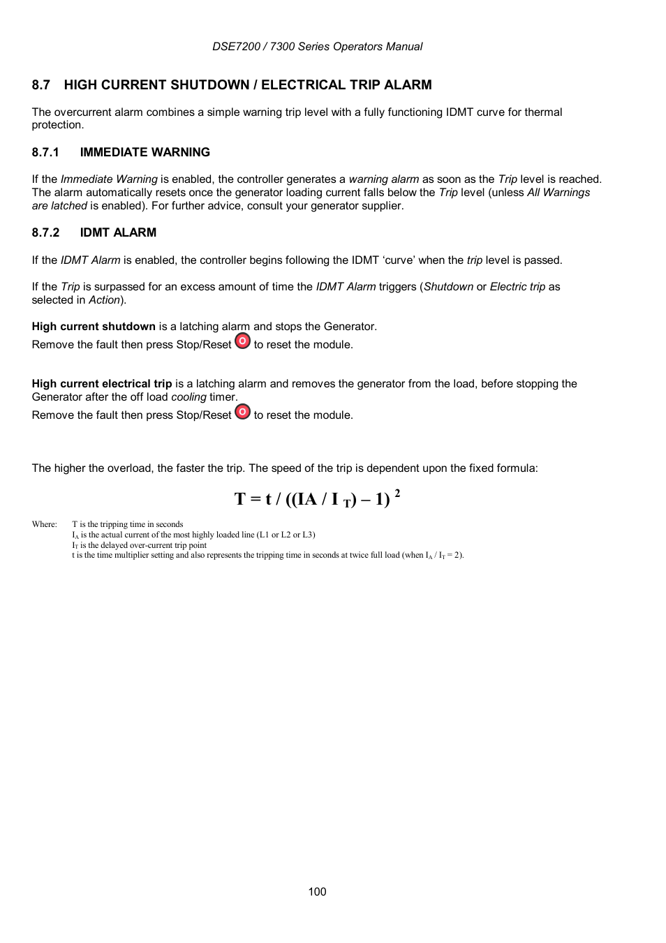 T = t / ((ia / i, 7 high current shutdown / electrical trip alarm | Winco DSE7300 Series User Manual | Page 100 / 122
