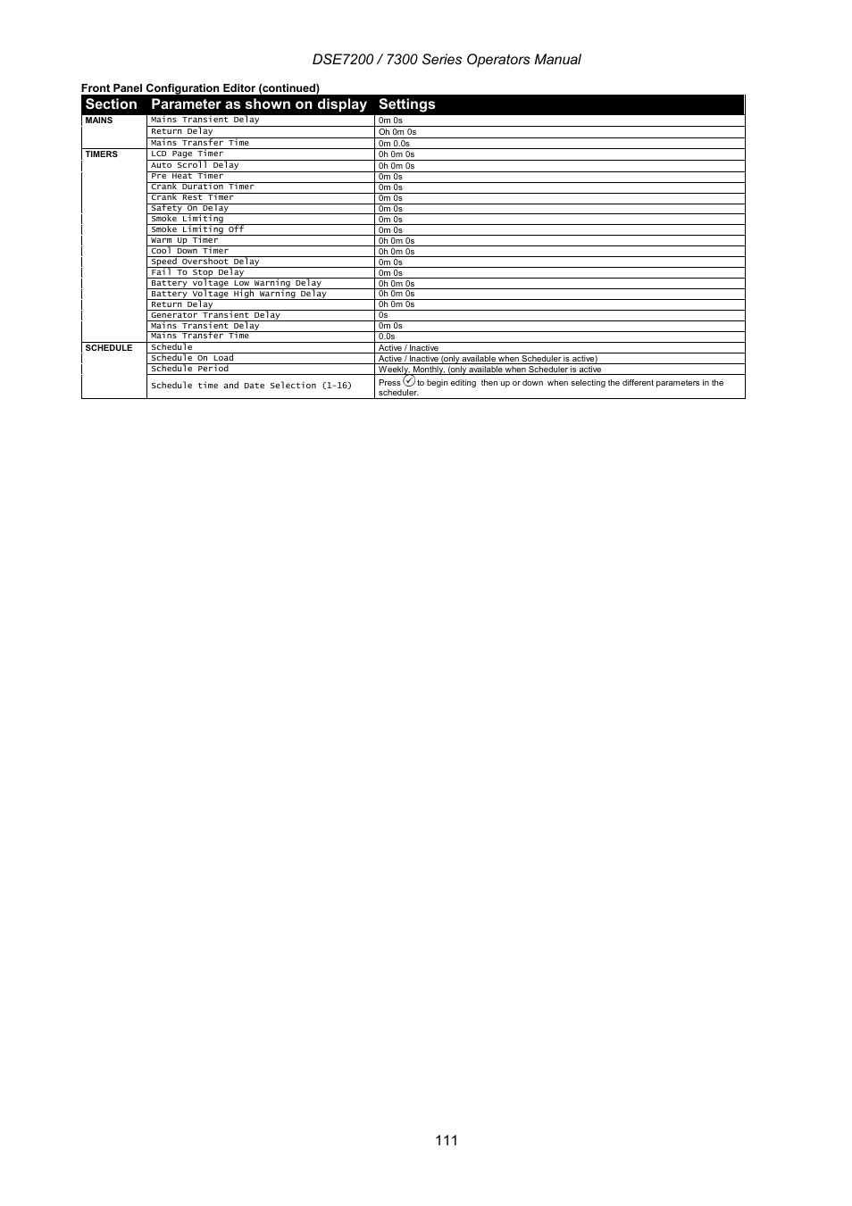 Parameter as shown on display, Settings | Winco DSE7300 Series User Manual | Page 111 / 122