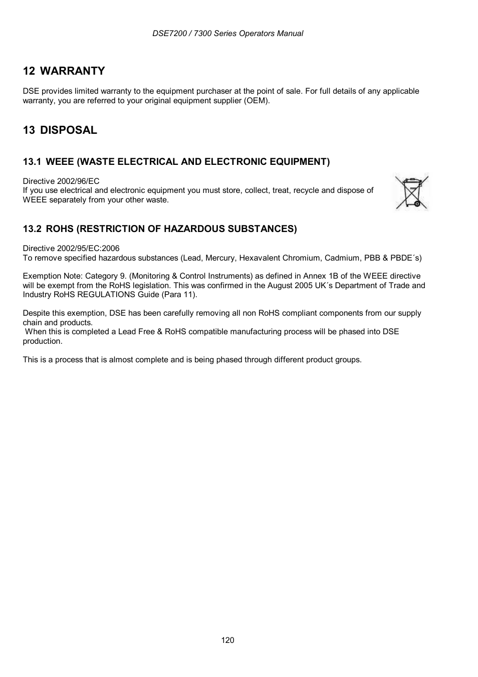 12 warranty, 13 disposal | Winco DSE7300 Series User Manual | Page 120 / 122