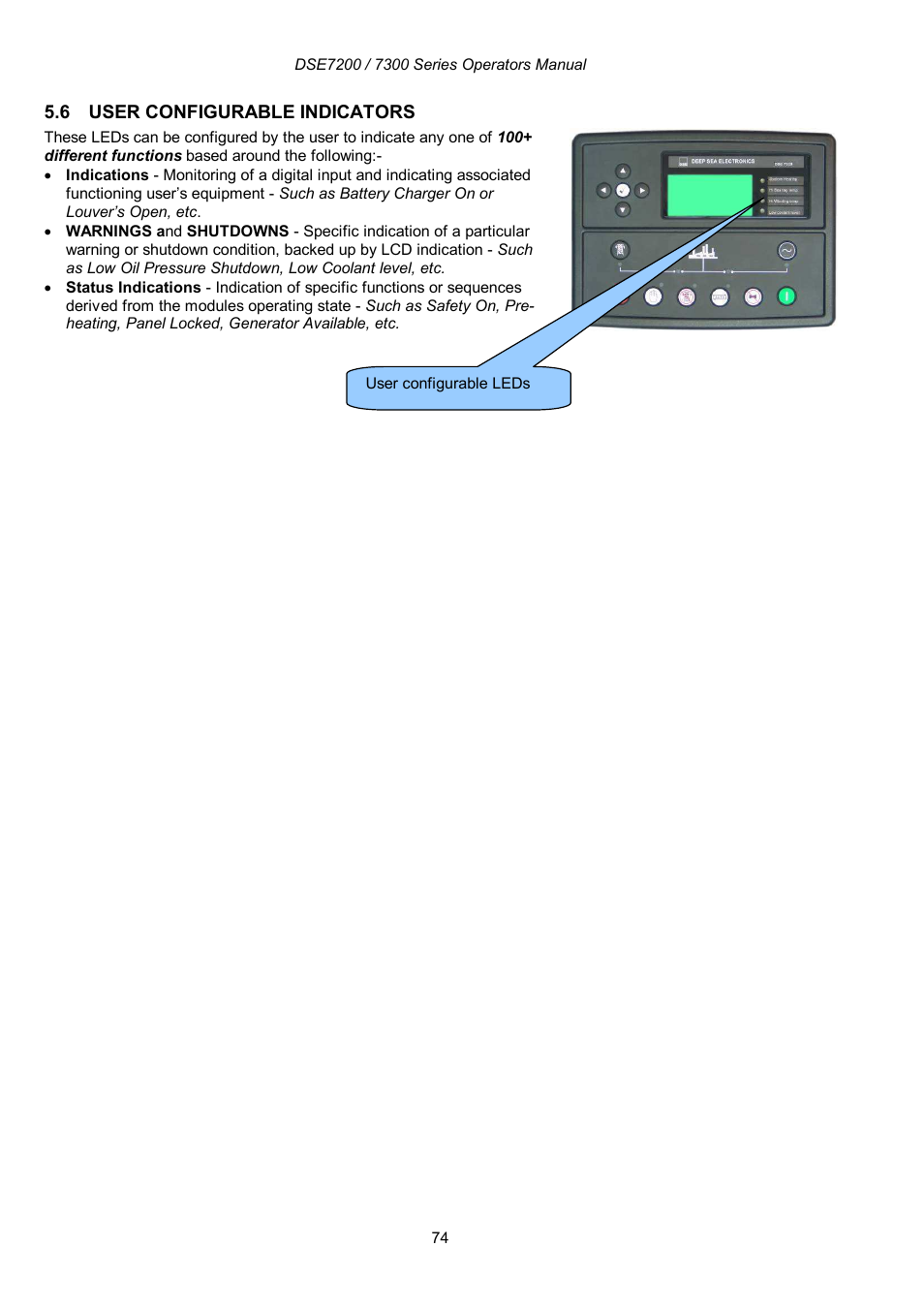 6 user configurable indicators | Winco DSE7300 Series User Manual | Page 74 / 122