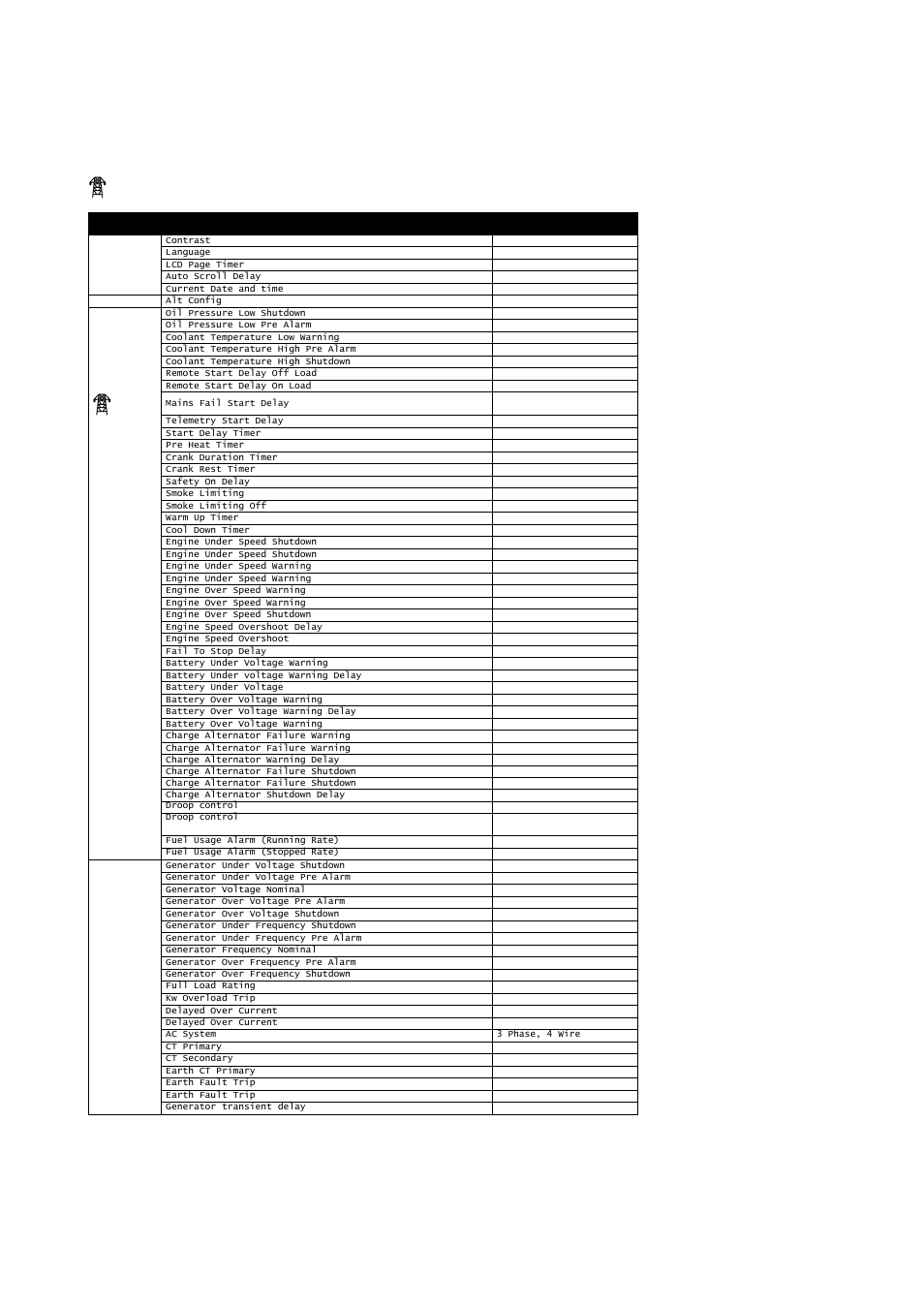 2 adjustable parameters, Parameter as shown on display, Factory settings | Winco DSE7300 Series User Manual | Page 99 / 109