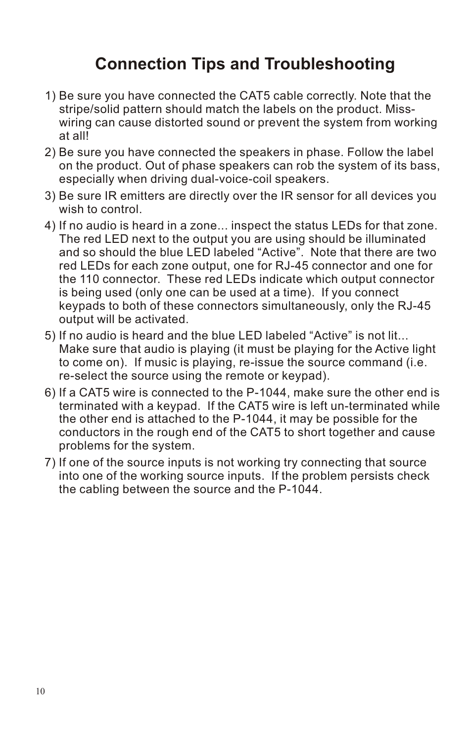 Connection tips and troubleshooting, Stripping and connecting cat5 wire | Channel Vision P-1044 User Manual | Page 10 / 12