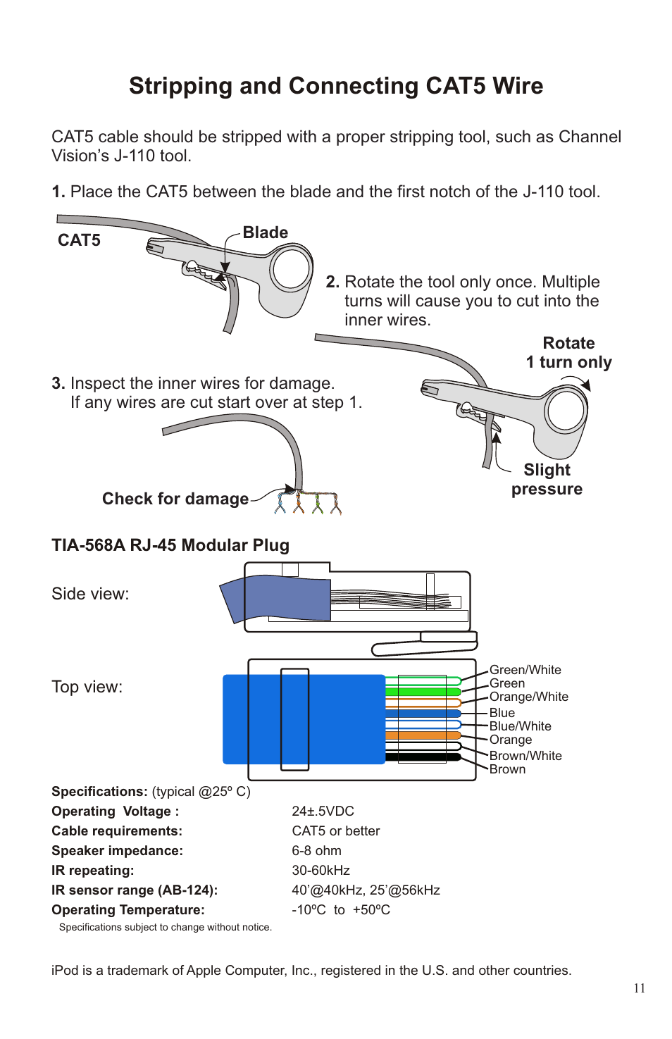 Connection tips and troubleshooting, Stripping and connecting cat5 wire | Channel Vision P-1044 User Manual | Page 11 / 12