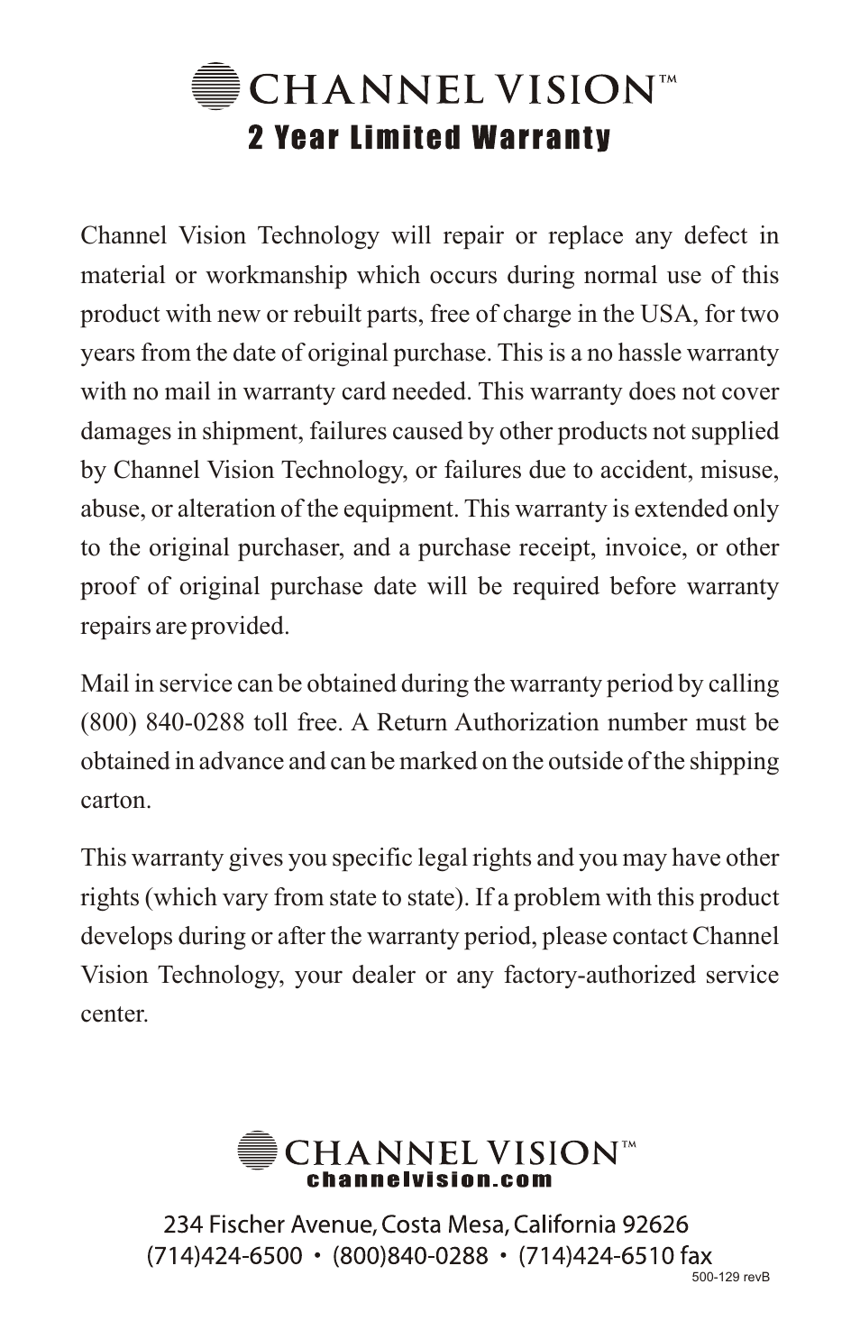 Channel Vision P-1044 User Manual | Page 12 / 12