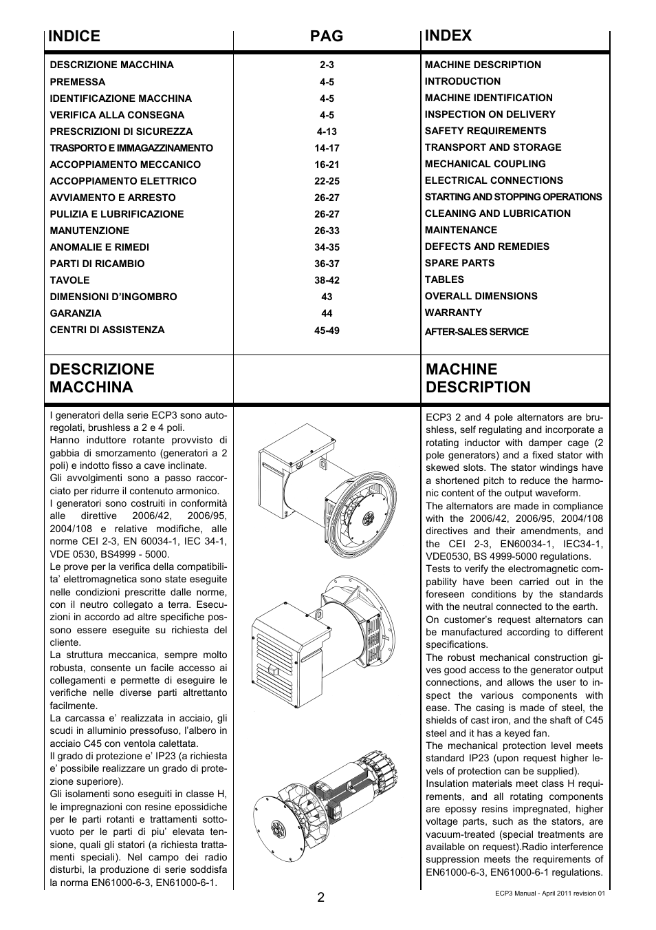 Descrizione macchina indice, Pag index, Machine description | Winco ECP3-2LN/2 (Replaces ECO3) User Manual | Page 2 / 50
