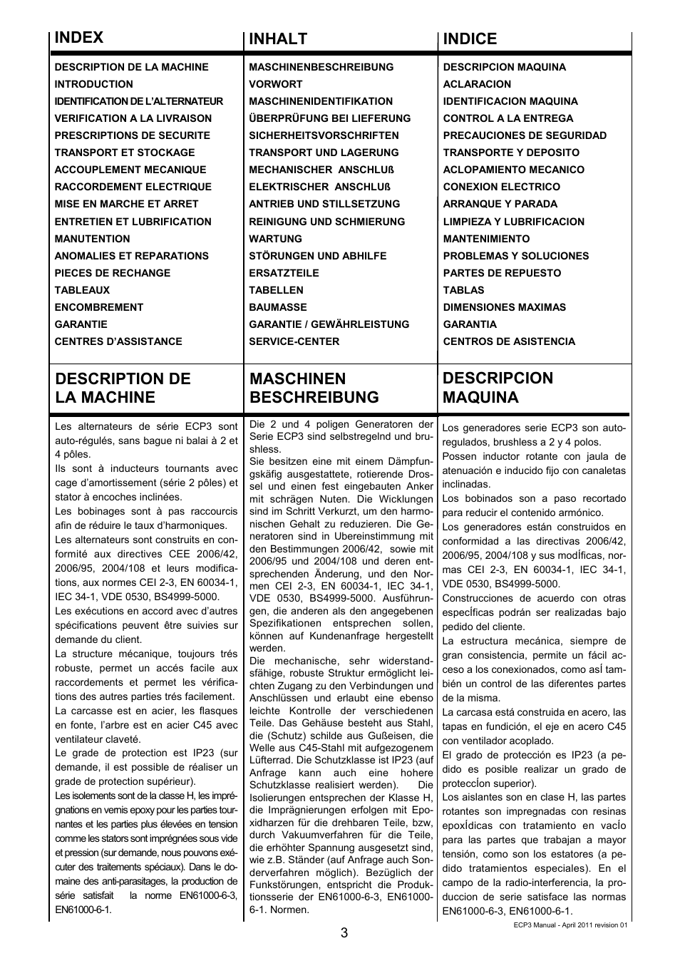 Indice inhalt index | Winco ECP3-2LN/2 (Replaces ECO3) User Manual | Page 3 / 50
