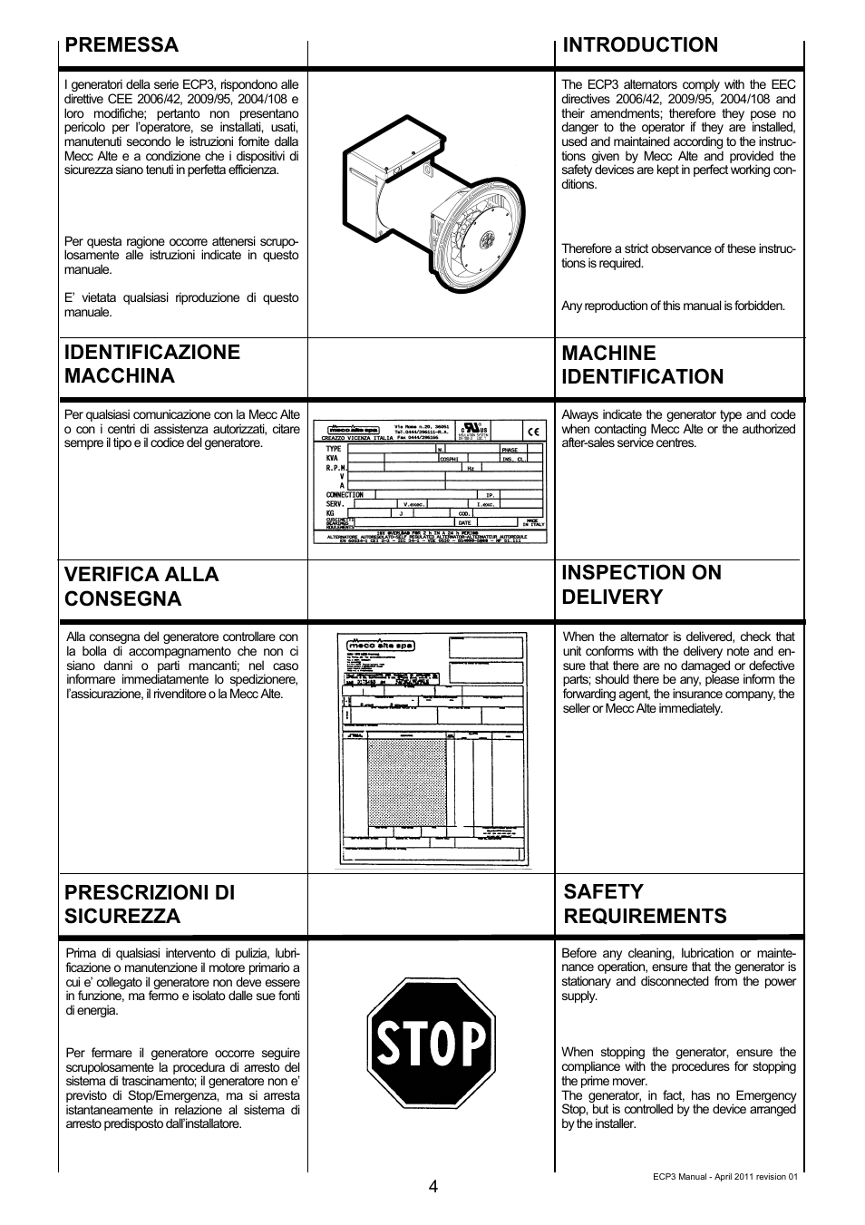 Premessa, Verifica alla consegna identificazione macchina, Prescrizioni di sicurezza | Introduction, Machine identification, Inspection on delivery, Safety requirements | Winco ECP3-2LN/2 (Replaces ECO3) User Manual | Page 4 / 50