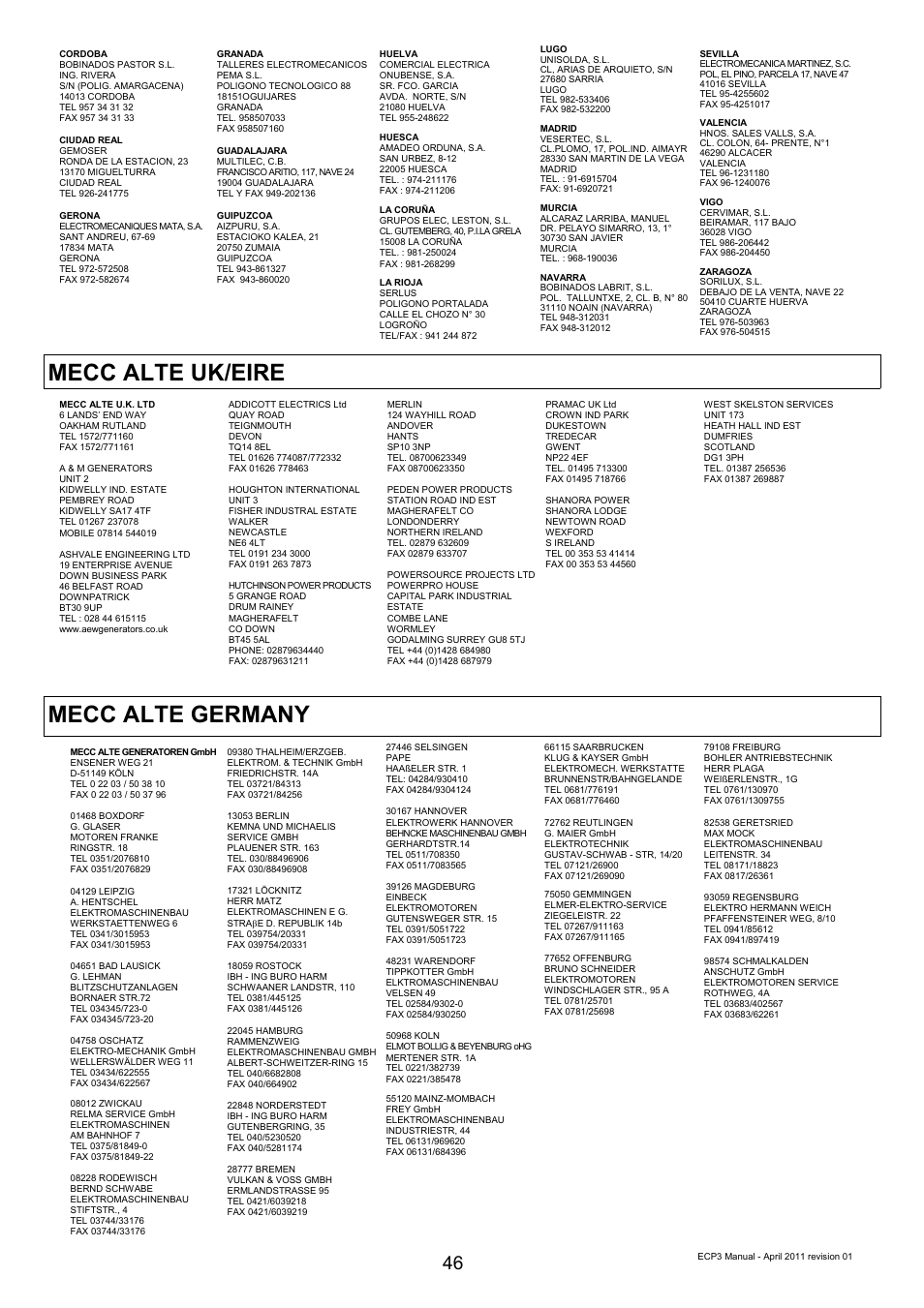 Mecc alte uk/eire, Mecc alte germany | Winco ECP3-2LN/2 (Replaces ECO3) User Manual | Page 46 / 50